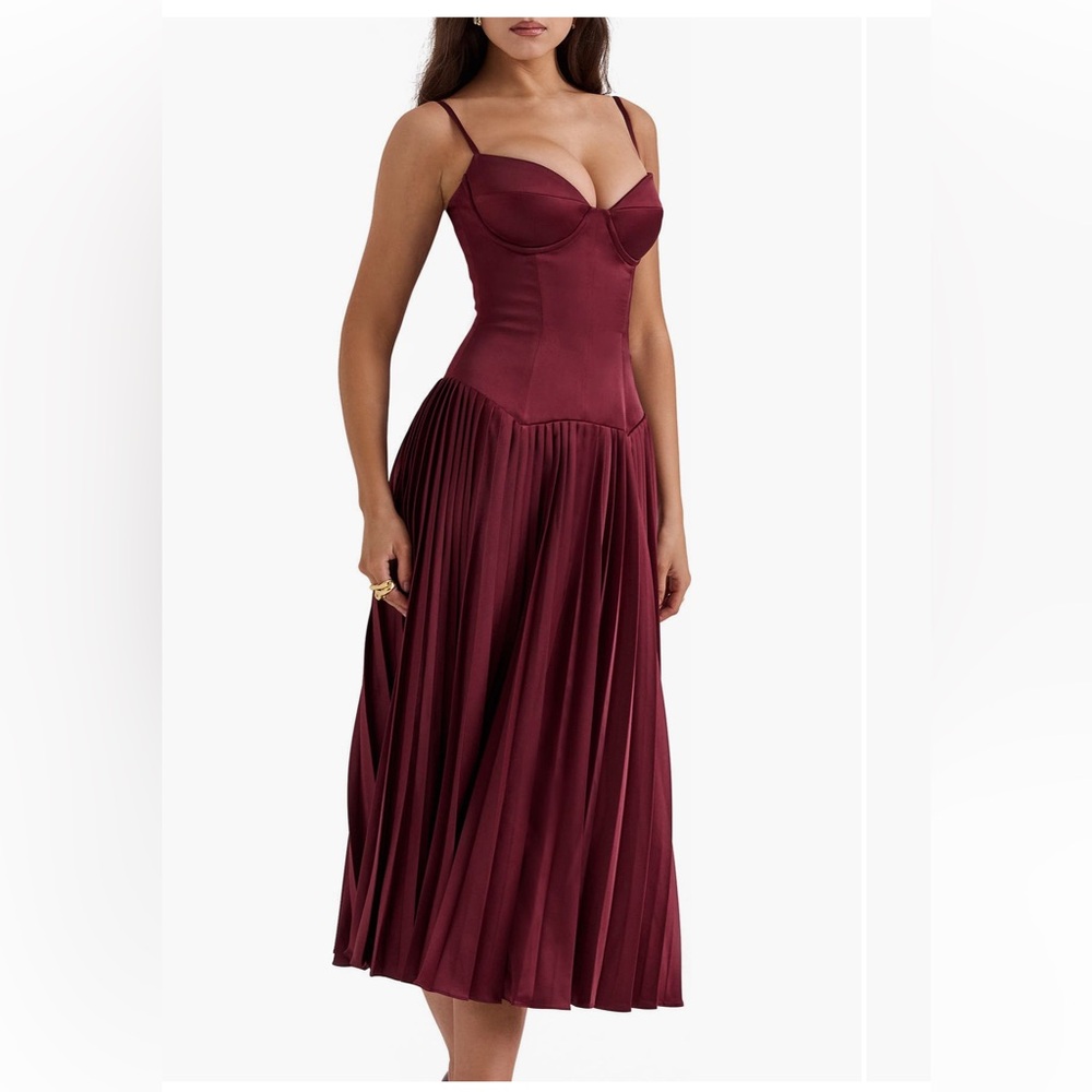 House of CB Maroon Drop Waist Corset Satin Dress